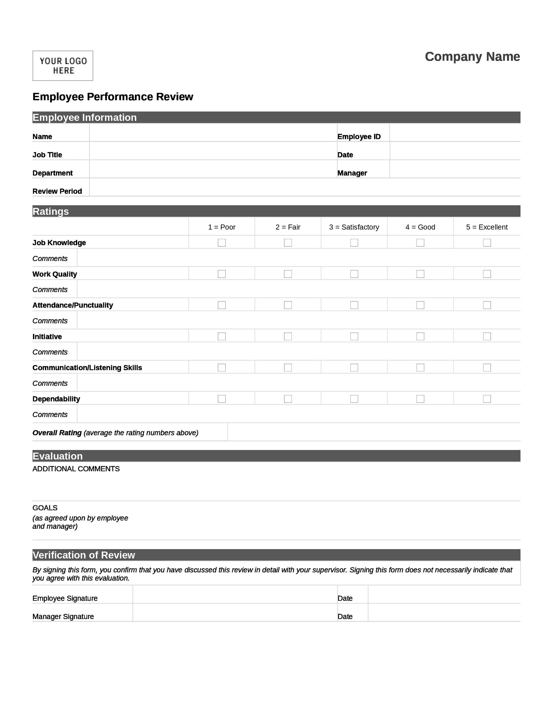 46 Employee Evaluation Forms Performance Review Examples