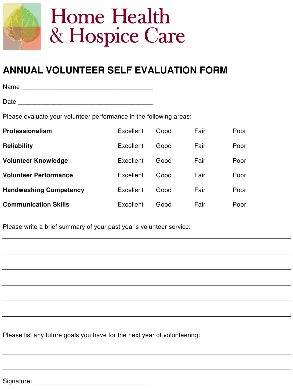 Annual Volunteer Self Evaluation Form Home Health 