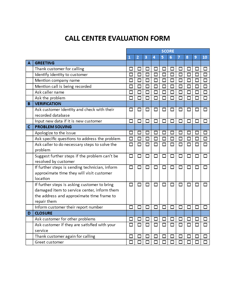Call Center Evaluation Form Templates At 
