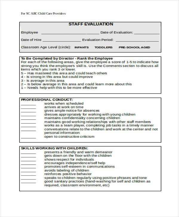 Child Care Staff Evaluation Form Free 29 Sample Employee 