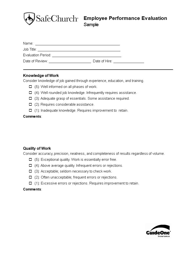 Church Employee Performance Evaluation Form Templates At 