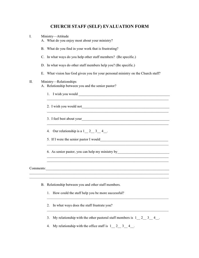 Church Staff self Evaluation Form In Word And Pdf Formats