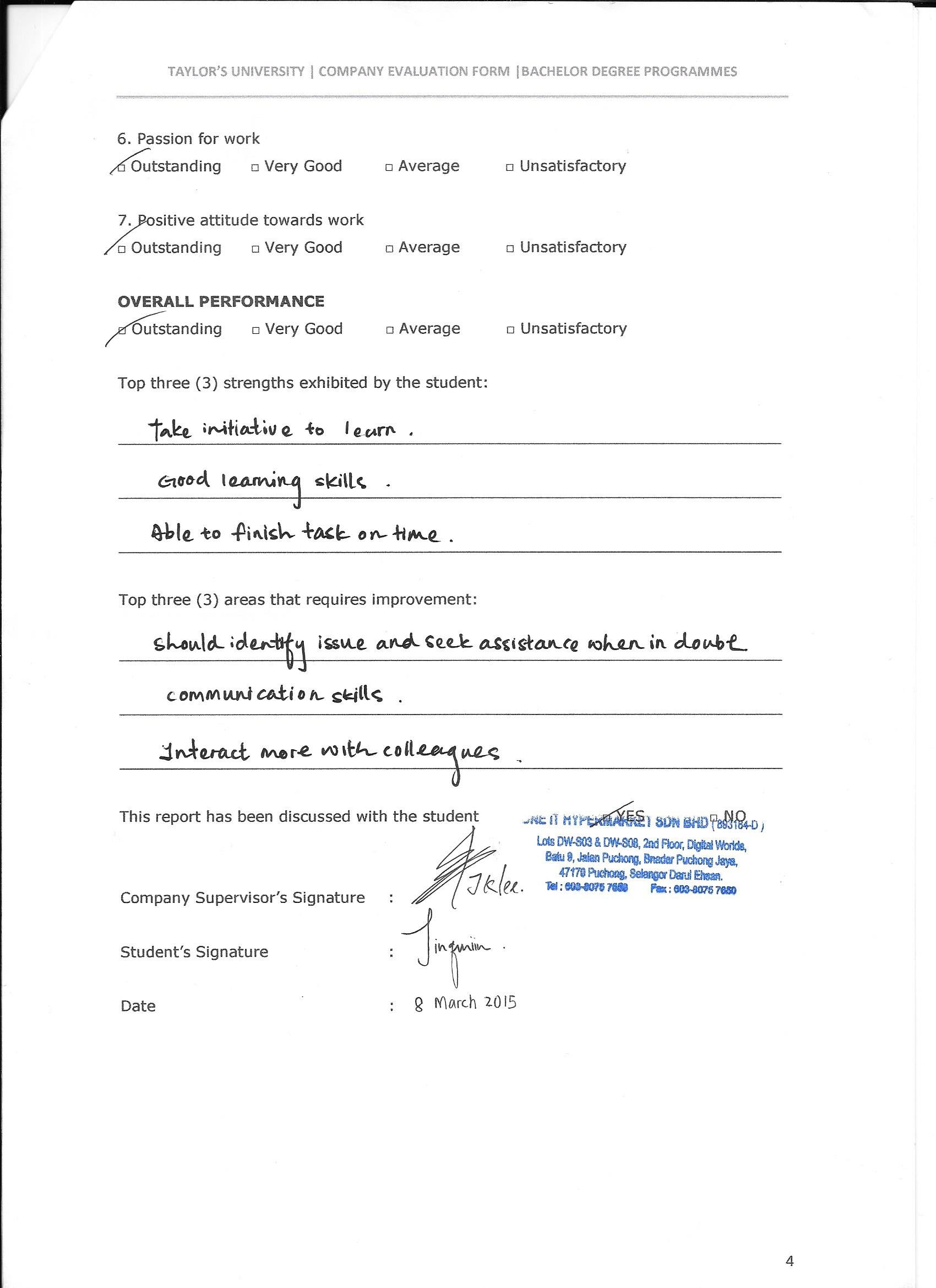 Company Supervisor Evaluation Form Miin