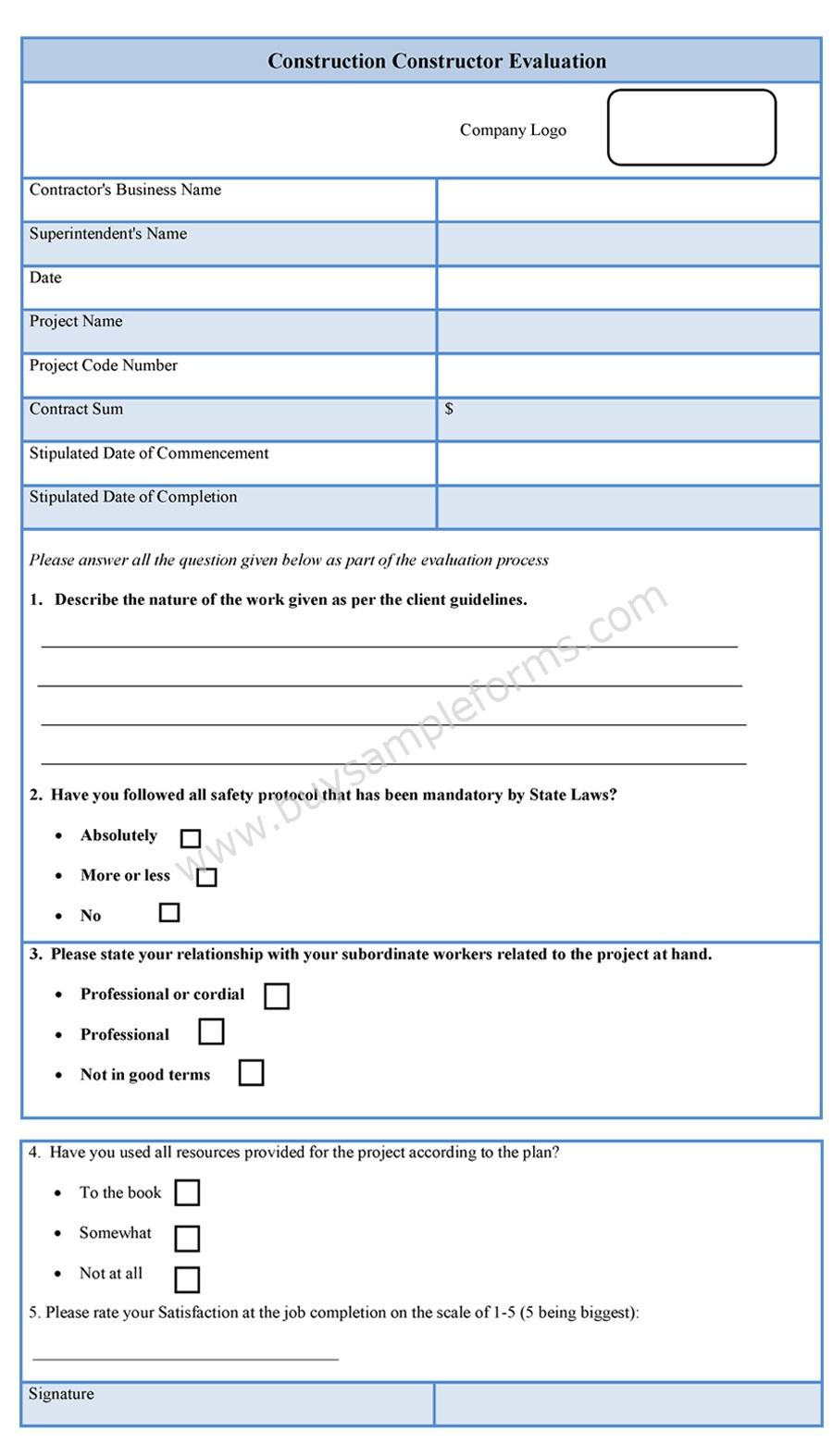 Construction Contractor Evaluation Form Sample Forms