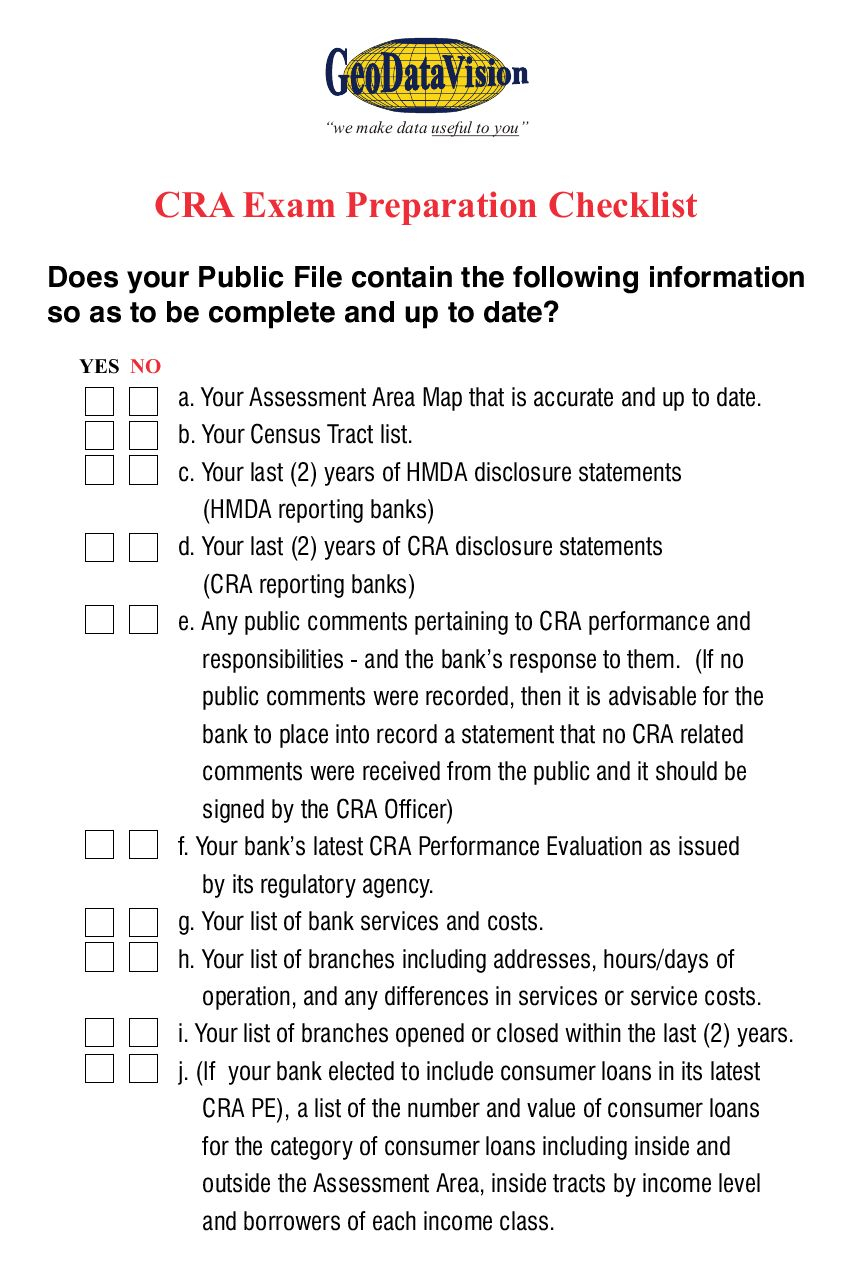 CRA Exam Checklist By GeoDataVision Issuu