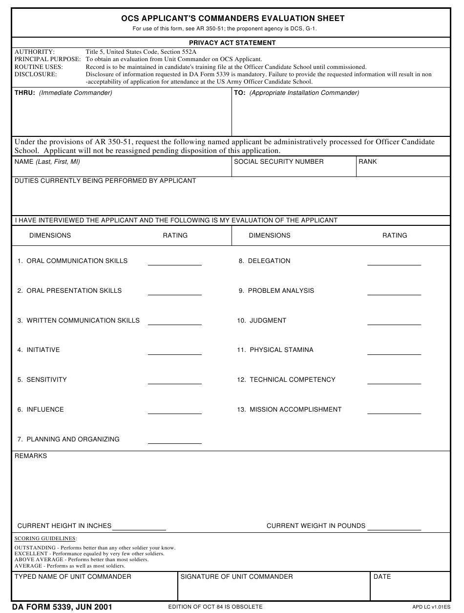 DA Form 5339 Download Fillable PDF Or Fill Online Ocs 