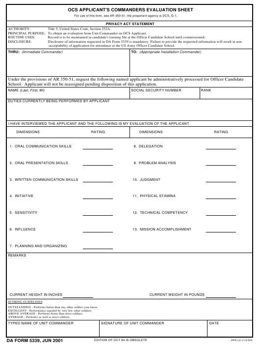 DA Form 5339 Download Fillable PDF Or Fill Online Ocs 