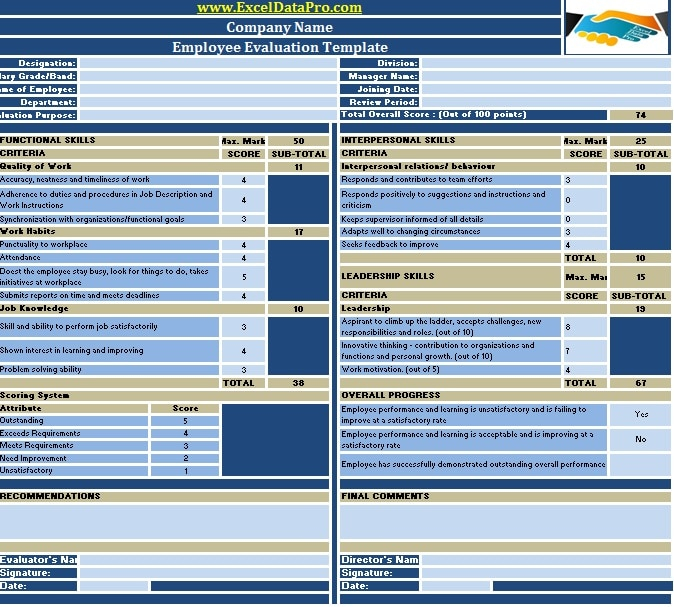 Employee Review Template Employee Evaluation Form In Excel Printable