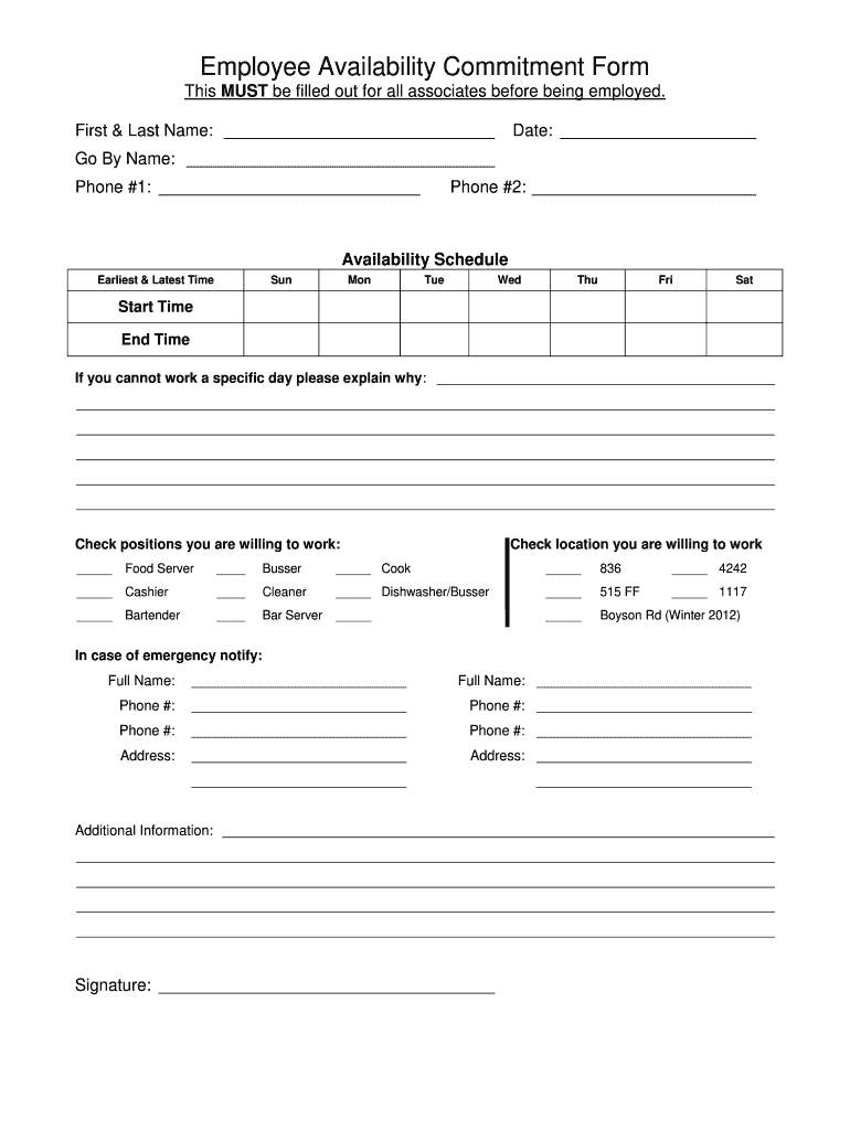 Employee Availability Form Fill Out And Sign Printable 