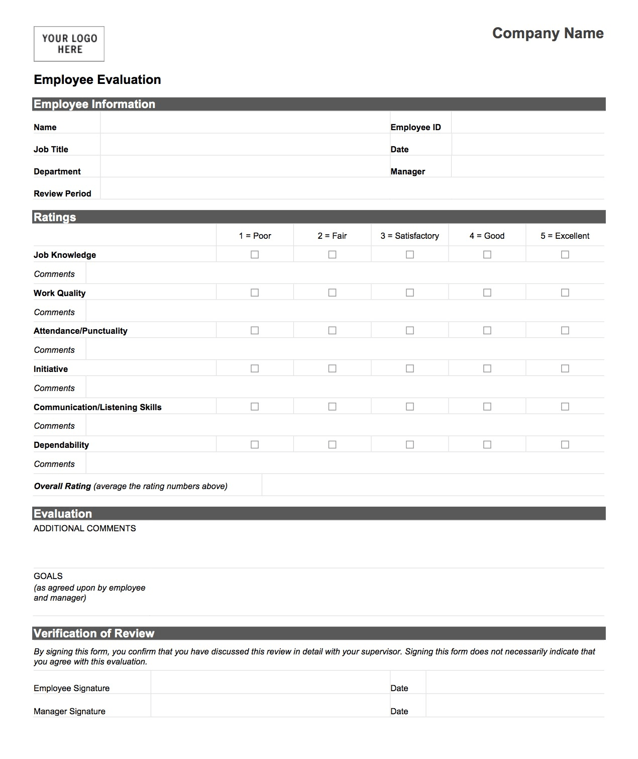 Employee Evaluation Form Employee Performance Review 