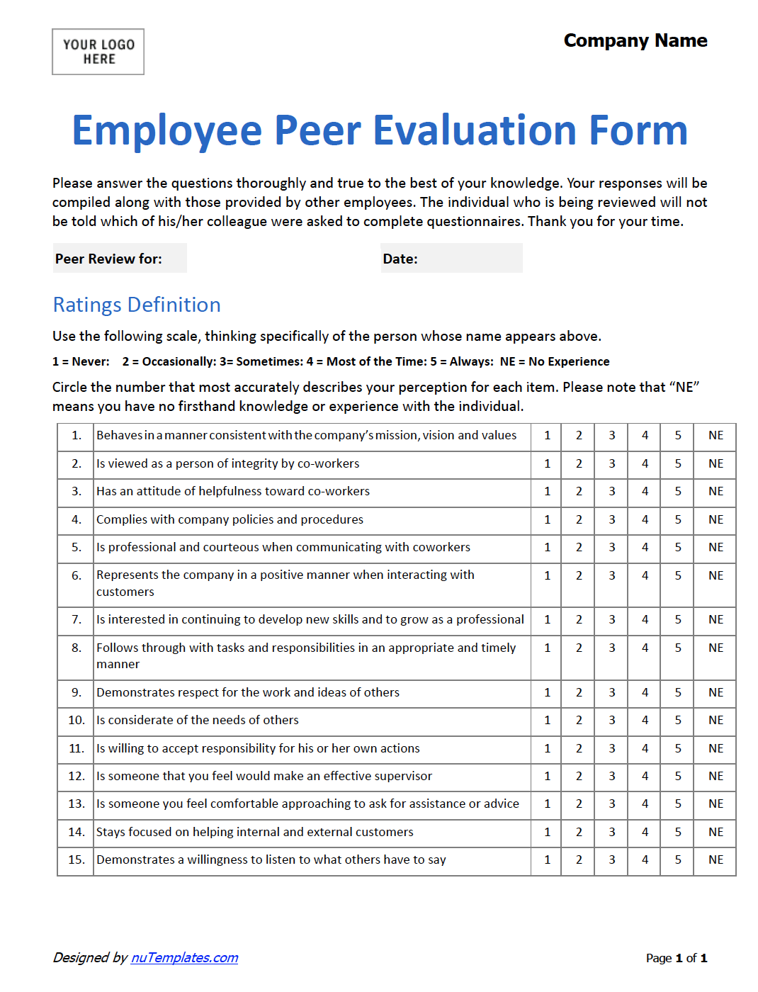 Employee Peer Evaluation Form Peer Evaluation Template 
