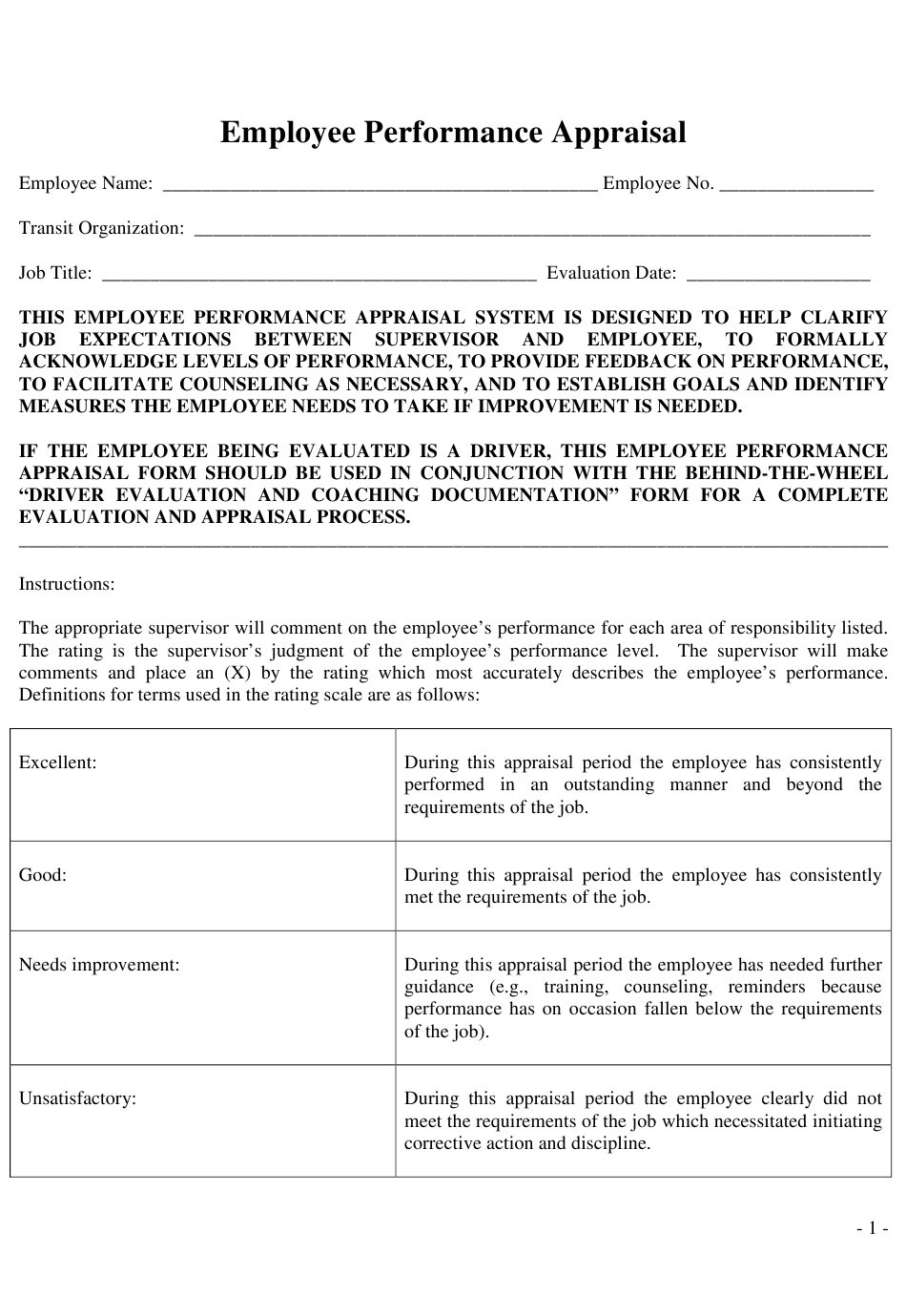 Employee Performance Appraisal Form Download Printable PDF 