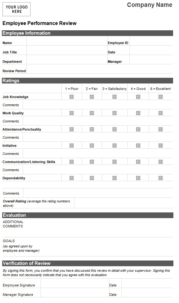 Employee Performance Evaluation Form HR Management For 