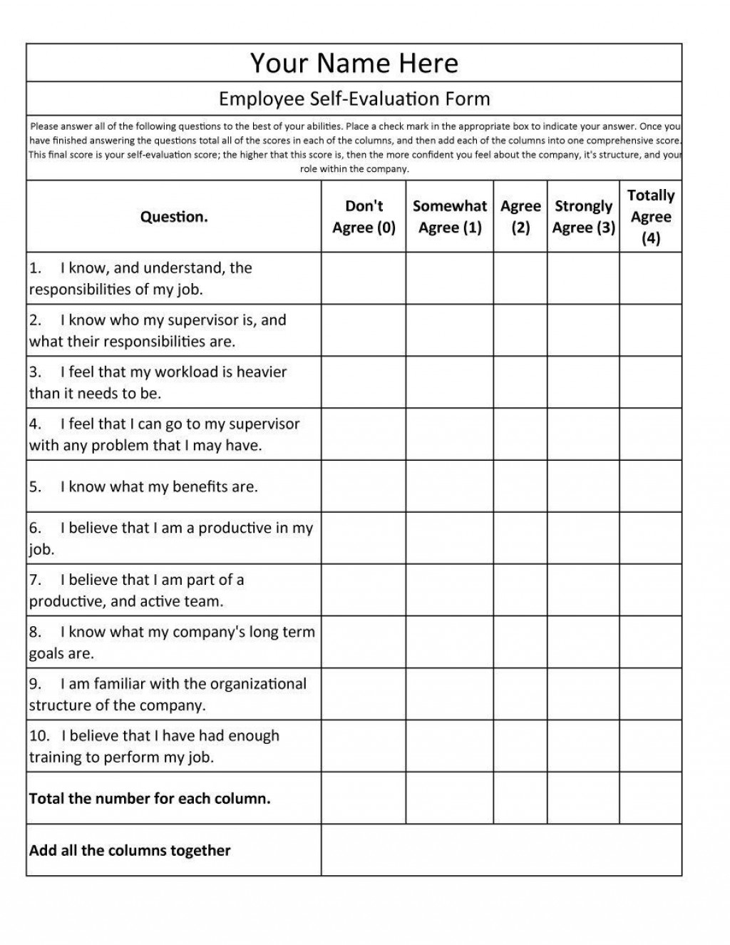 Employee Self Evaluation Form Template Addictionary