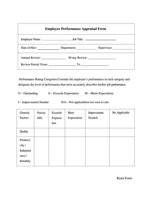 Fillable Employee Performance Appraisal Form Printable Pdf 