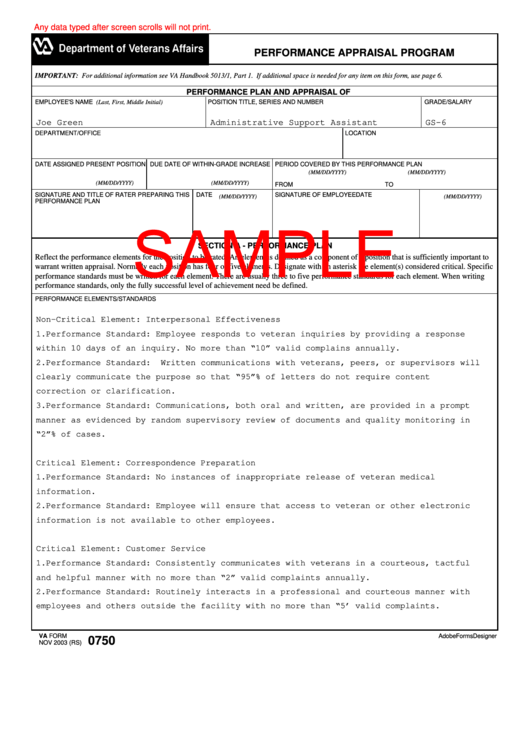 Form 0750 Sample Performance Appraisal Program Printable 