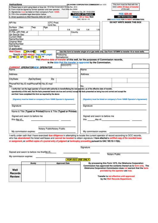 Form 1073 Transfer Of Operator Single Oil Or Gas Well 