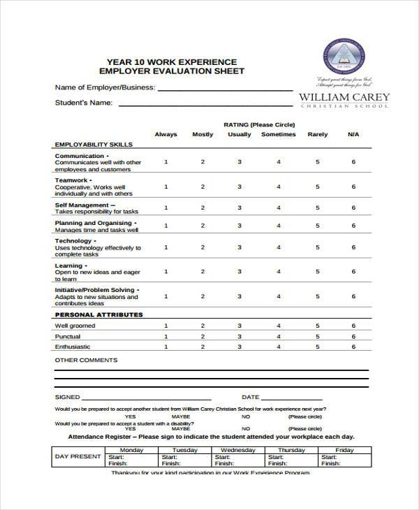 FREE 10 Employer Evaluation Forms In PDF Excel MS Word