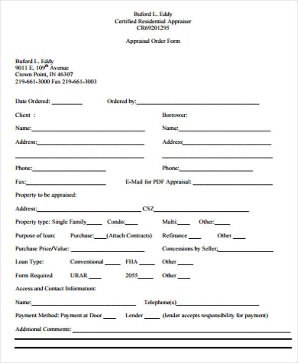 FREE 11 Sample Appraisal Order Forms In MS Word PDF