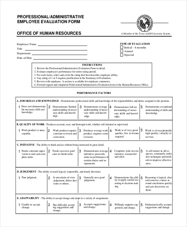 FREE 11 Sample Employee Evaluation Forms In PDF MS Word 