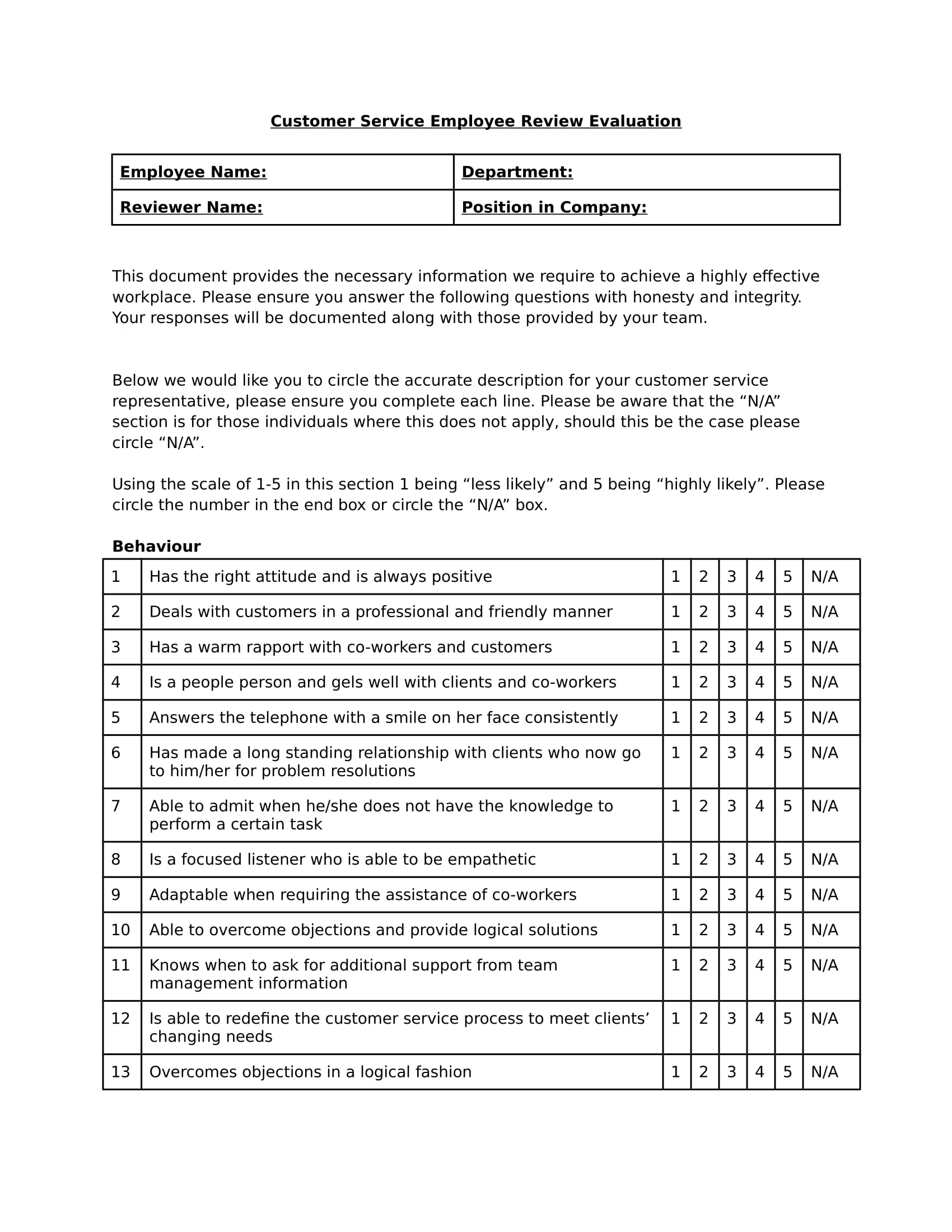 FREE 14 Customer Service Evaluation Forms In PDF Employee Evaluation Form