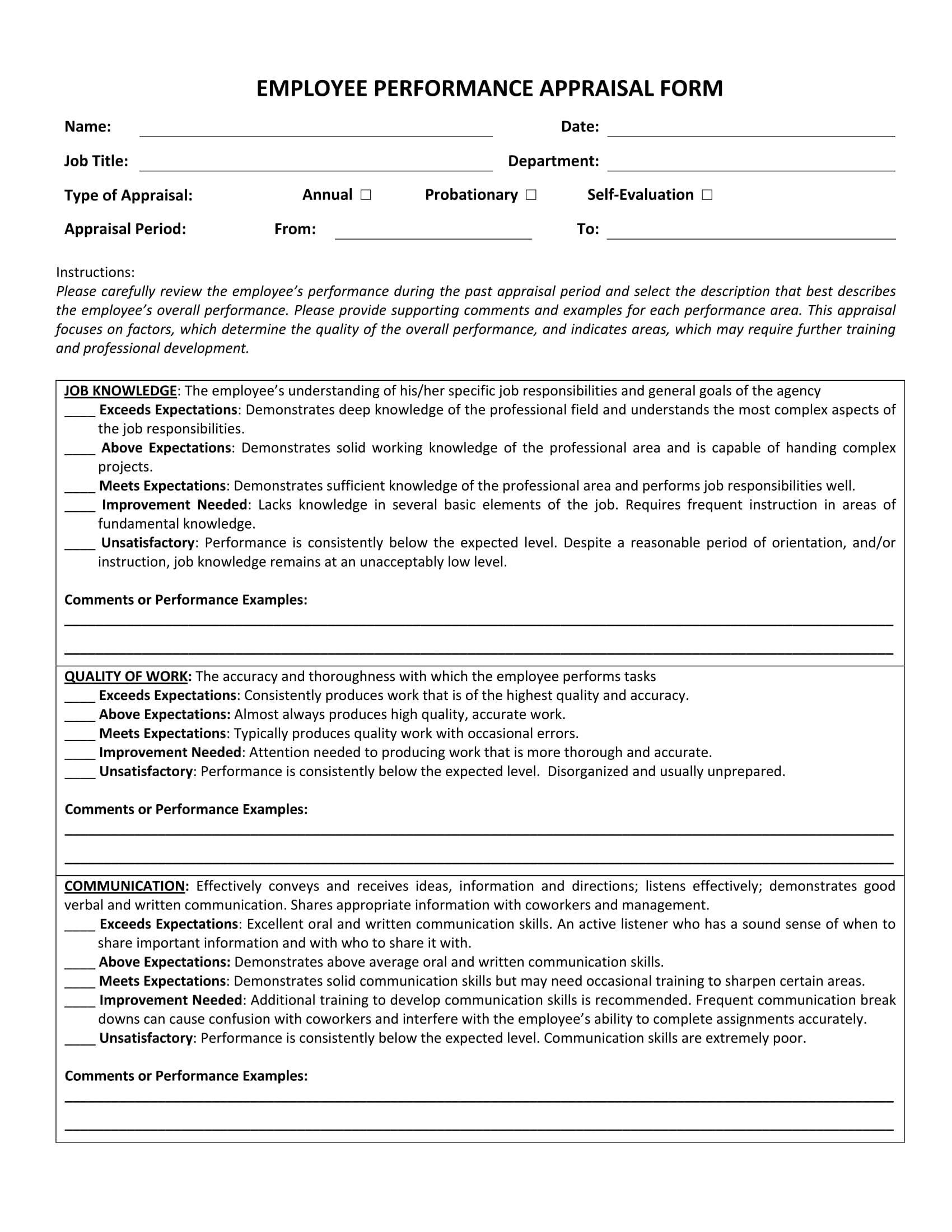 Printable Free 14 Employee Appraisal Forms In Pdf Excel Ms Employee