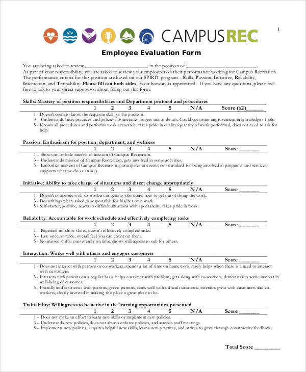 FREE 19 Employee Evaluation Form Samples Templates In 