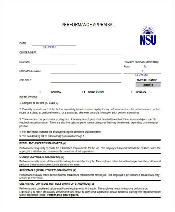 Performance Appraisal Format Printable Forms 3672