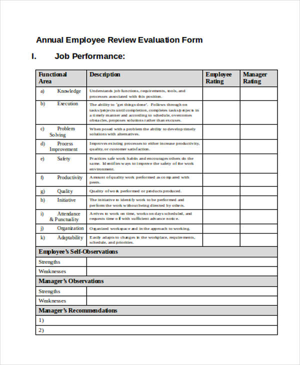 Annual Employee Performance Evaluation Form - Printable Forms