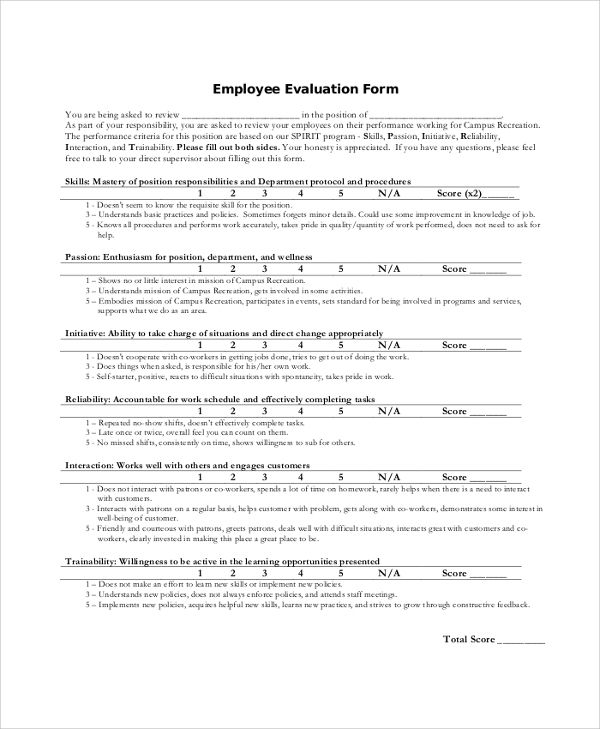 FREE 39 Sample Employee Evaluation Forms In PDF 