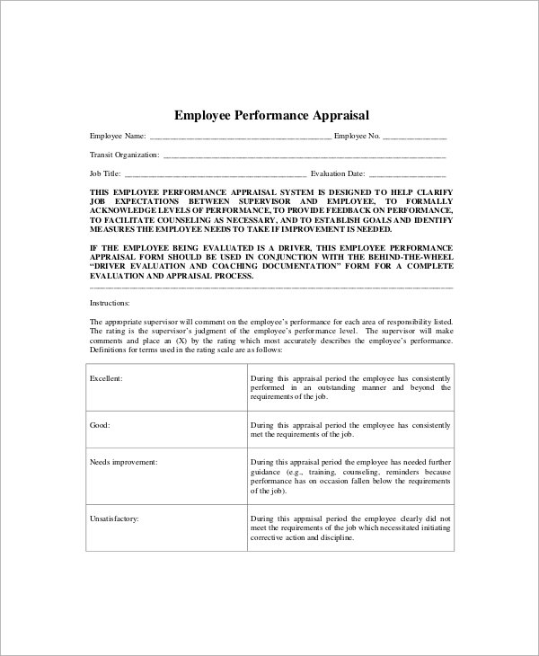 FREE 6 Sample Performance Appraisal In MS Word PDF