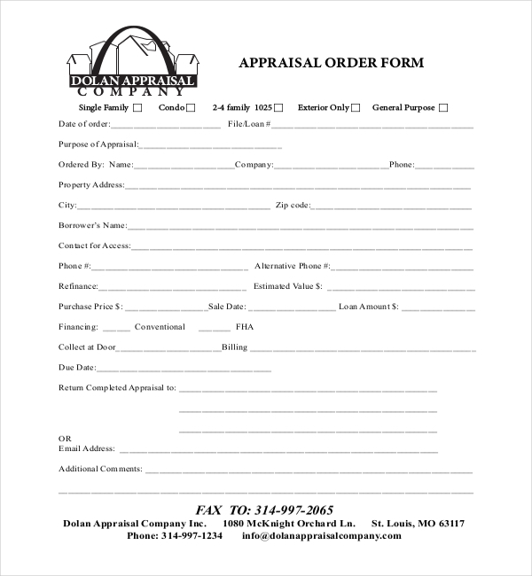 FREE 8 Sample Appraisal Order Forms In PDF MS Word XLS