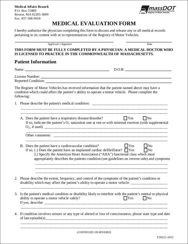 FREE 9 Medical Evaluation Form Samples Templates In PDF 