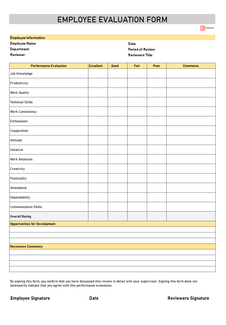 Free Employee Evaluation Form Simple Printable Word PDF Employee