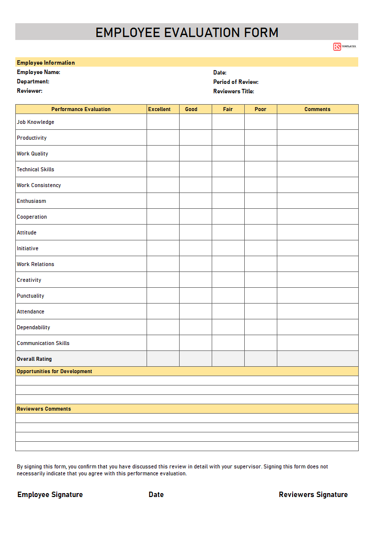 Pdf Downloadable Free Employee Evaluation Form Template Word 0603