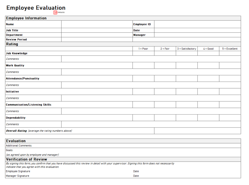 Free Employee Evaluation Form Simple Printable Word PDF 