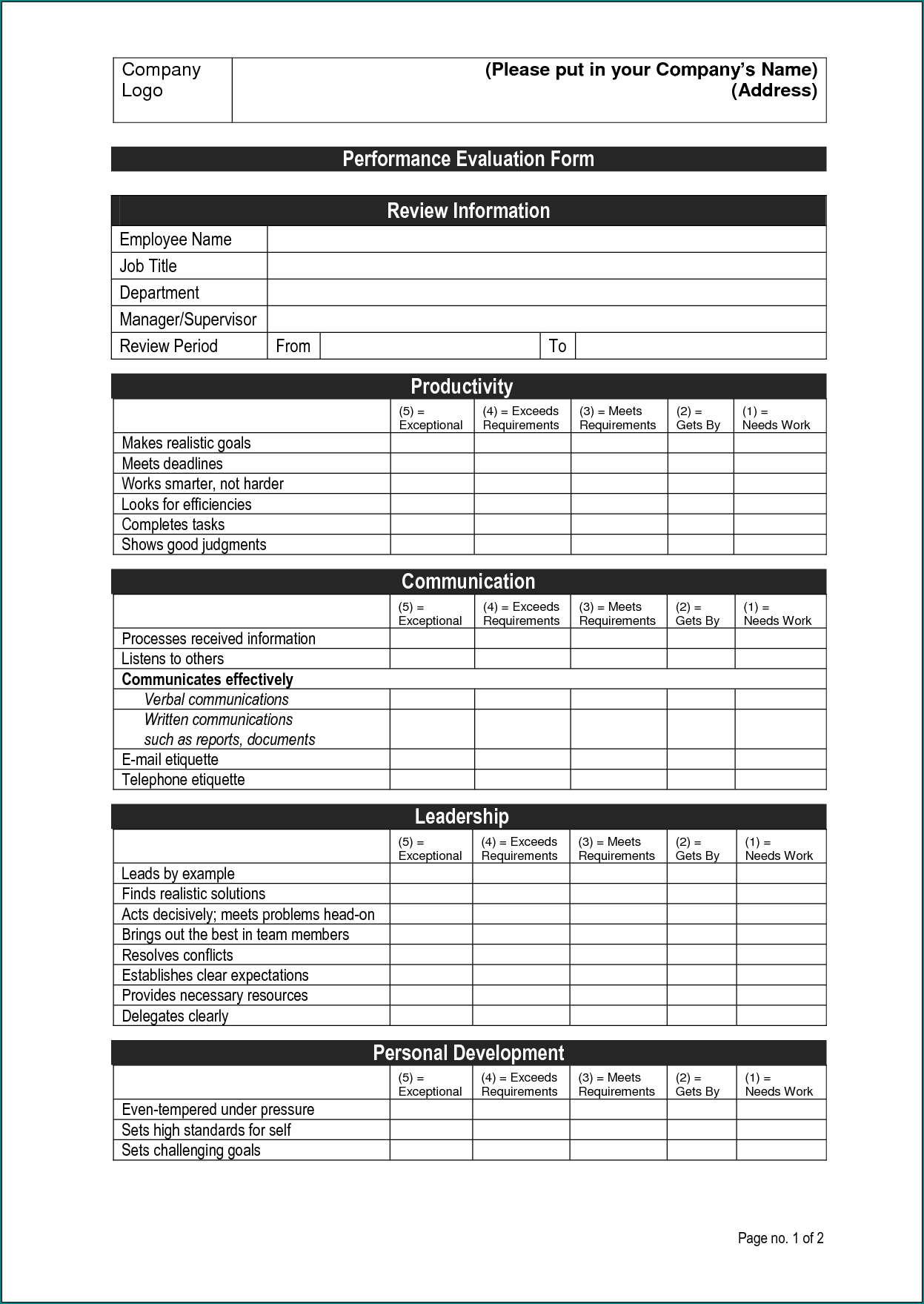  Free Printable Employee Performance Evaluation Form Bogiolo
