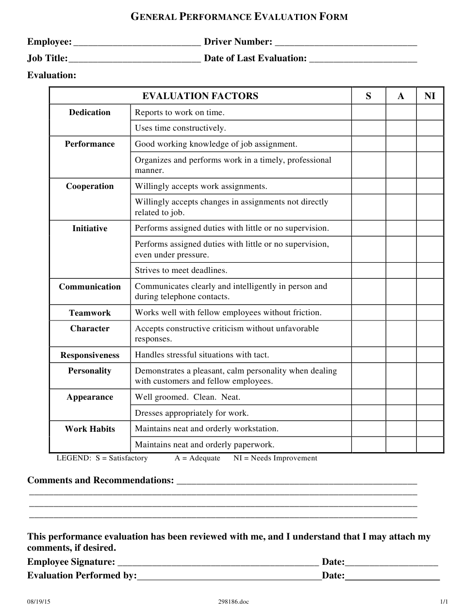 General Performance Evaluation Form Download Printable PDF 