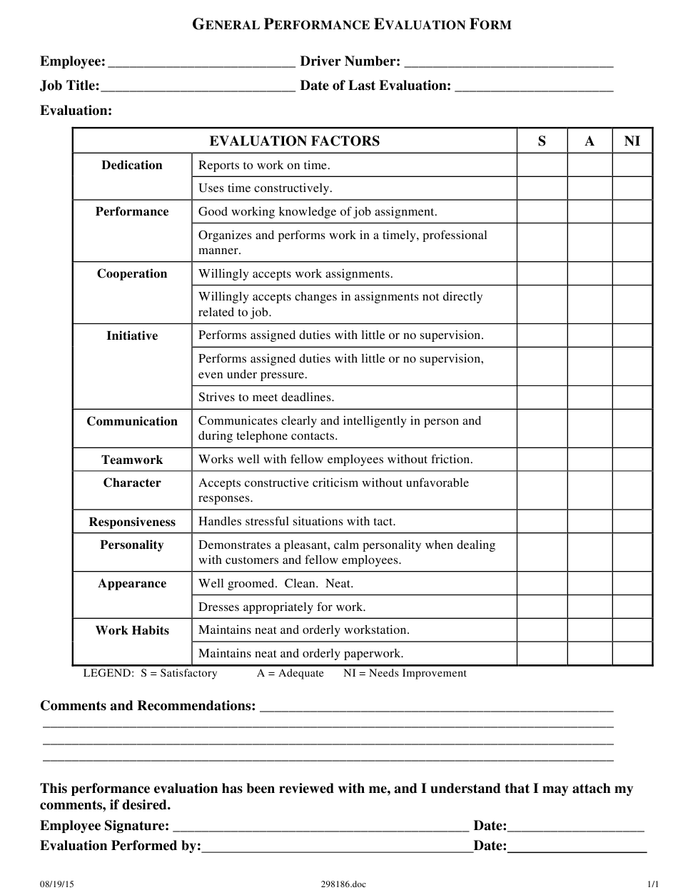 Performance Evaluation Form PDF - Printable Forms