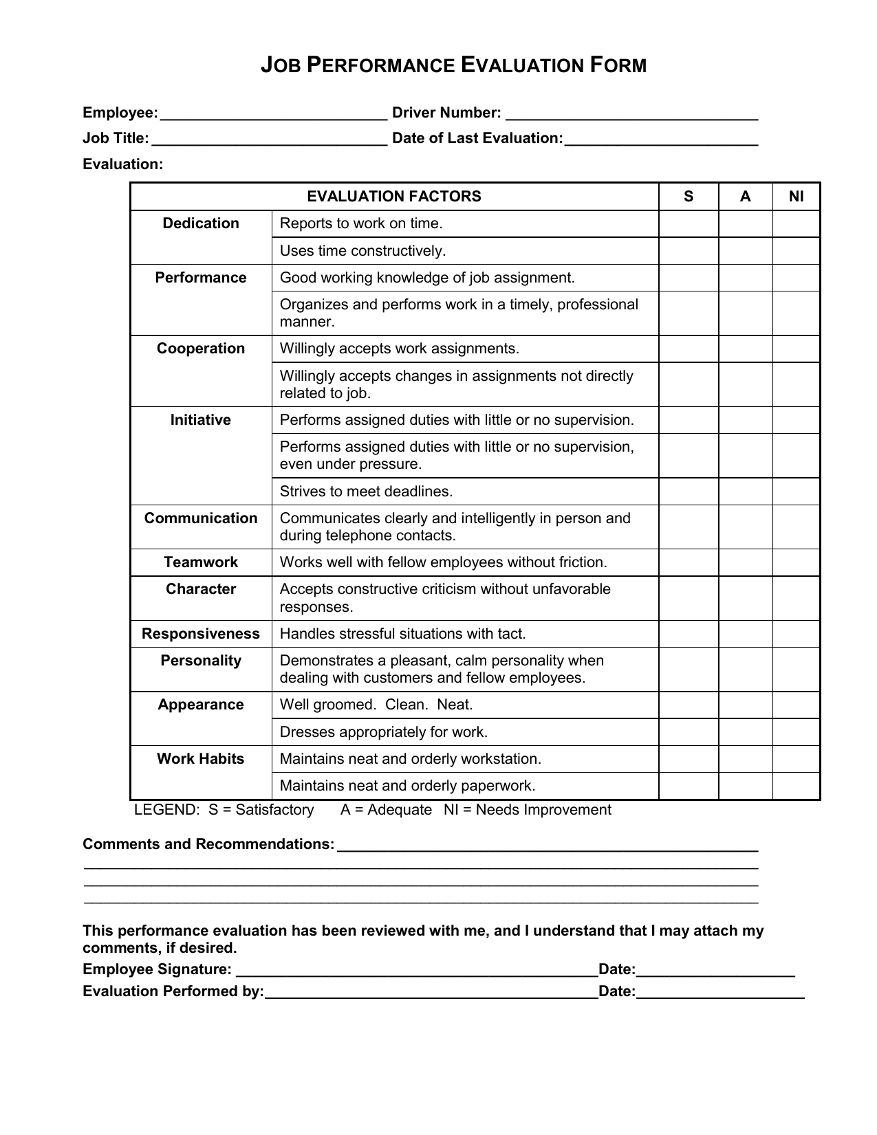General Performance Evaluation Form Drivers