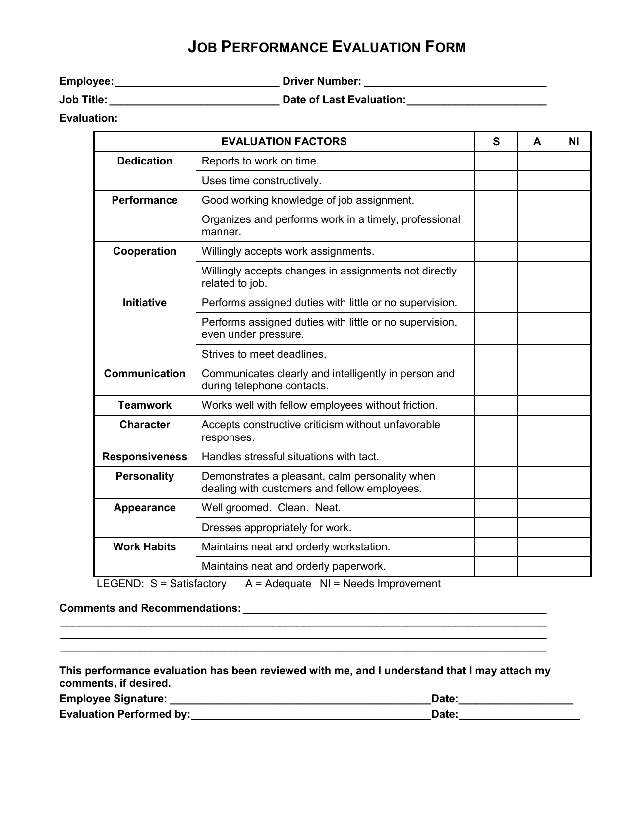 Performance Evaluation Form Employee Evaluation Form