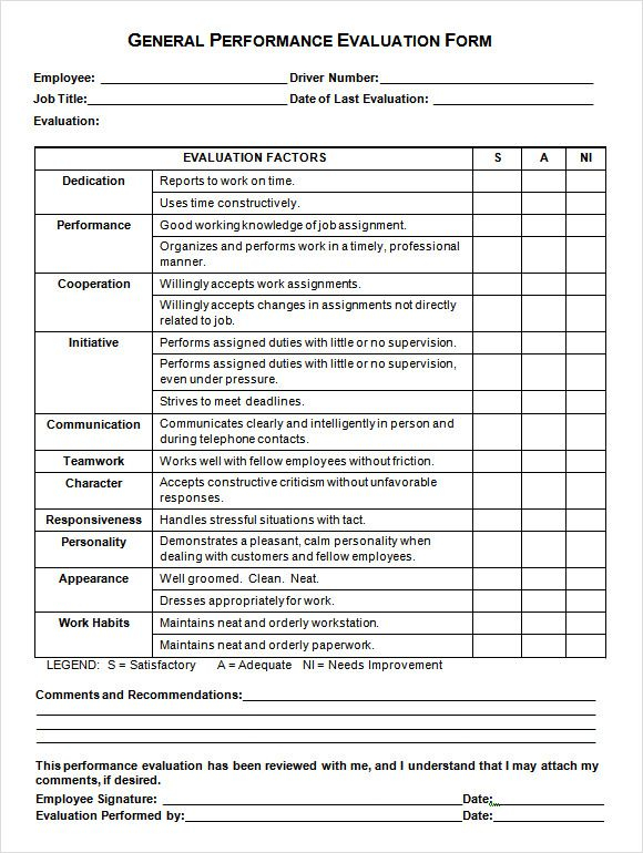 General Performance Evaluation Form Employee Evaluation 