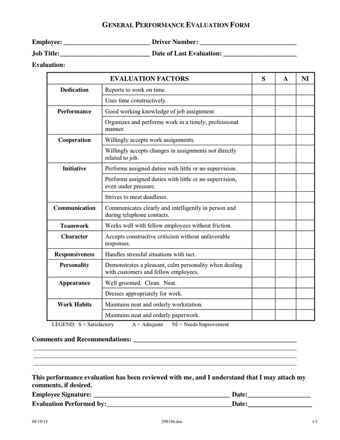 GENERAL PERFORMANCE EVALUATION FORM In Word And Pdf Formats
