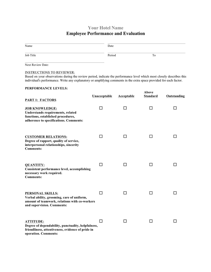 Hotel Employee Evaluation Form In Word And Pdf Formats