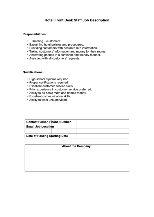 Hotel Front Desk Staff Job Description Printable Pdf Download