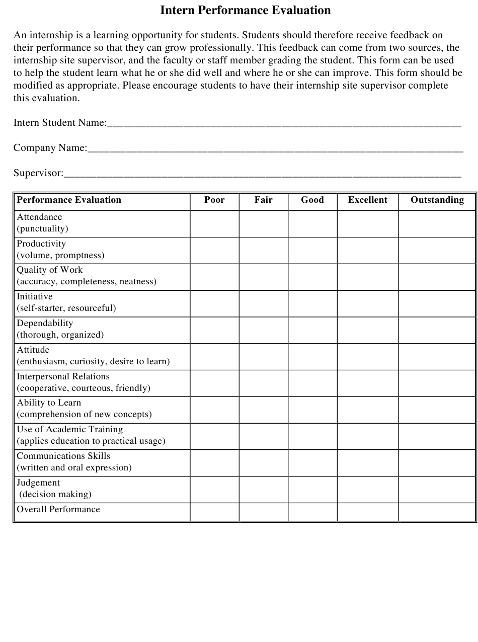 Intern Performance Evaluation Form Download Printable PDF 