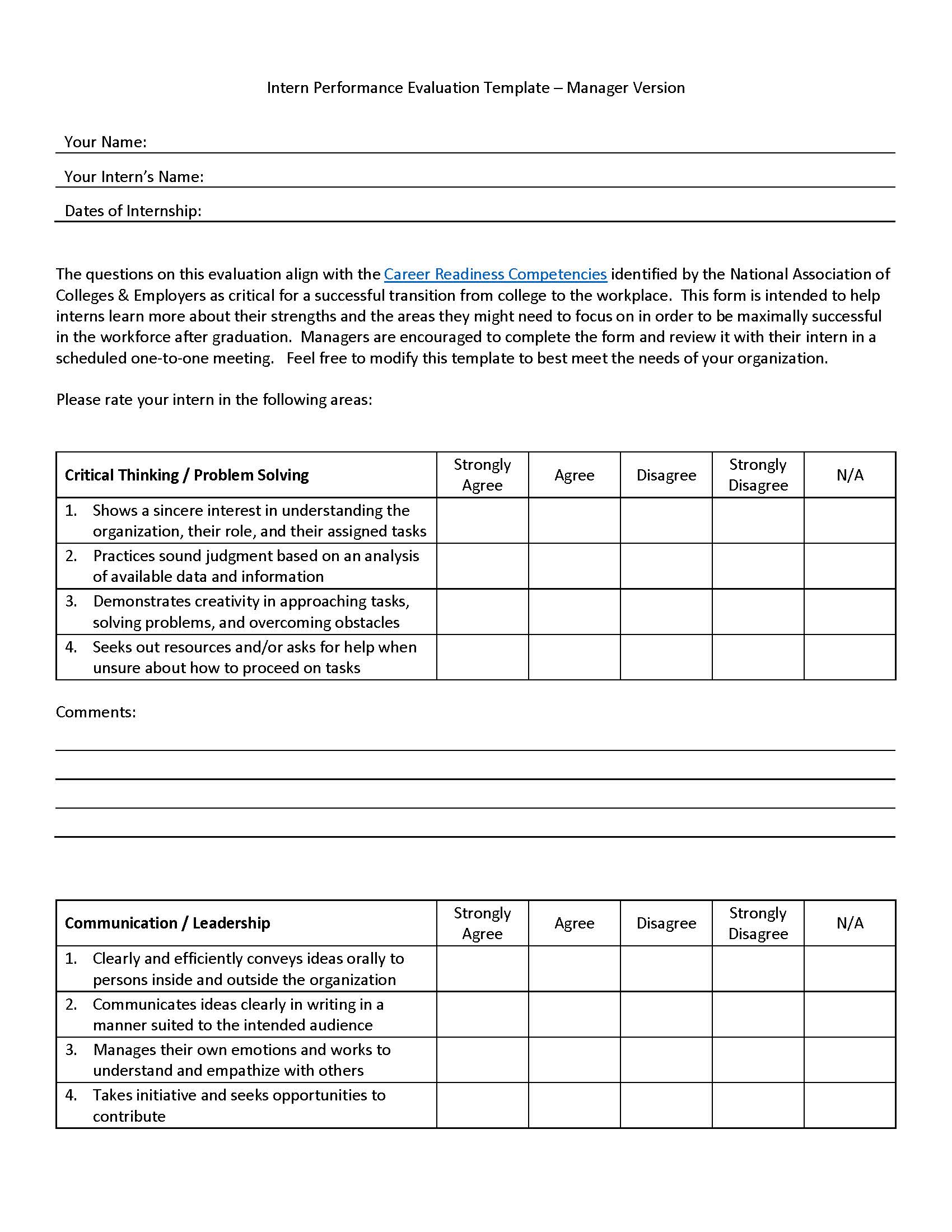 Intern Performance Evaluation Template Manager Version 