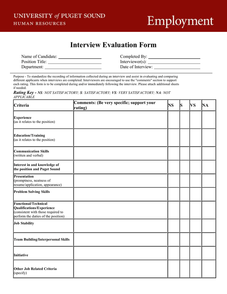 Interview Evaluation Form Name Of Candidate Completed By 