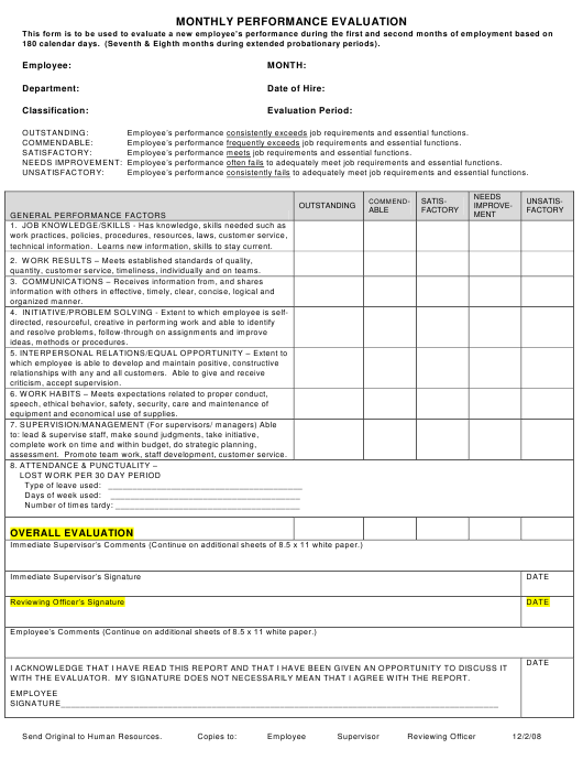 Monthly Performance Evaluation Form Download Printable PDF 