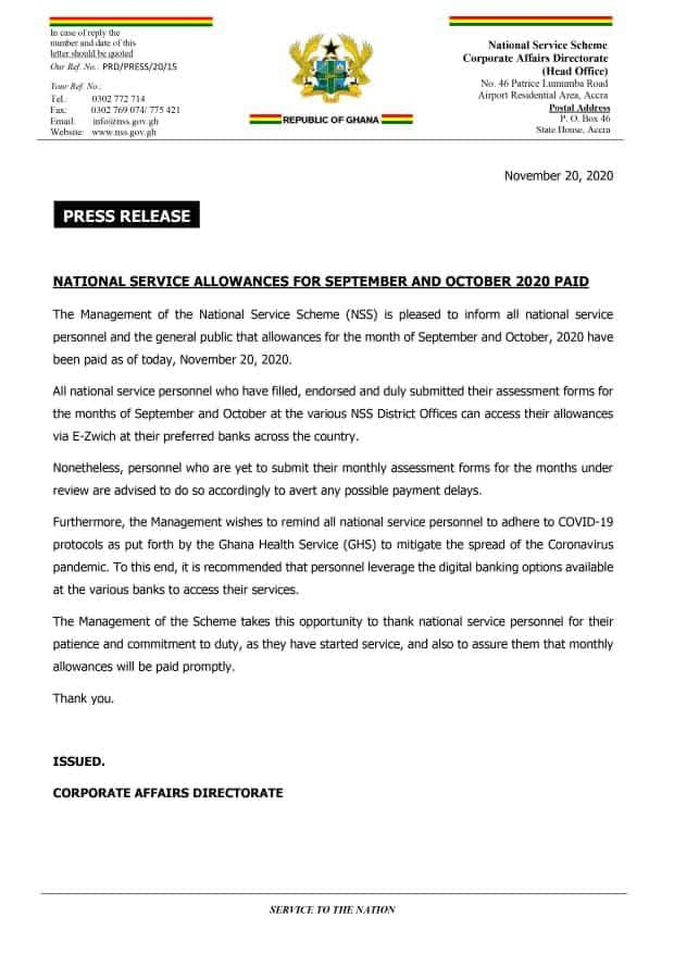 NSS Pays Allowances For September And October 2020 GH 